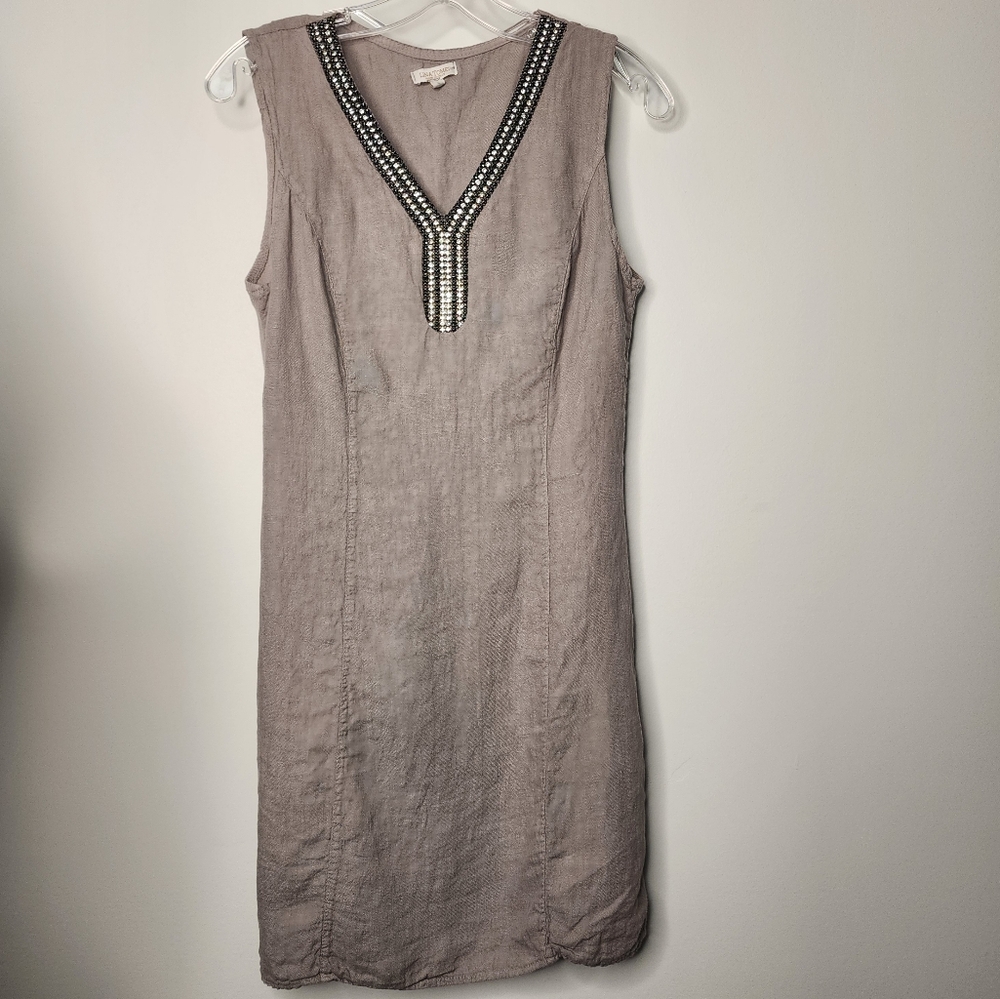 Lina Tomei Linen Shift Dress Gray Sleeveless with Beaded Neckline Sz S